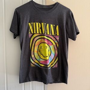 Retro Nirvana Smiley Face Tie Dye Graphic T-Shirt Grunge Kurt Cobain Band Tee